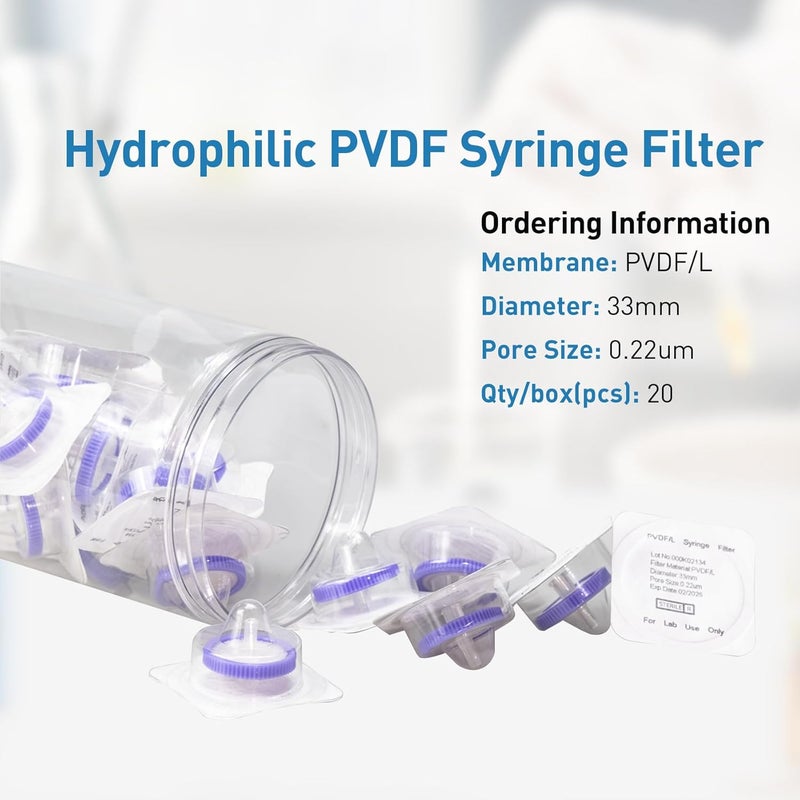 Labfil Sterilized Syringe Filter PVDF 20 Pack, 0.22 um Pore Size, 33 mm Membrane Diameter, Hydrophilic Filtration Sterile Packed Individually - Image 2